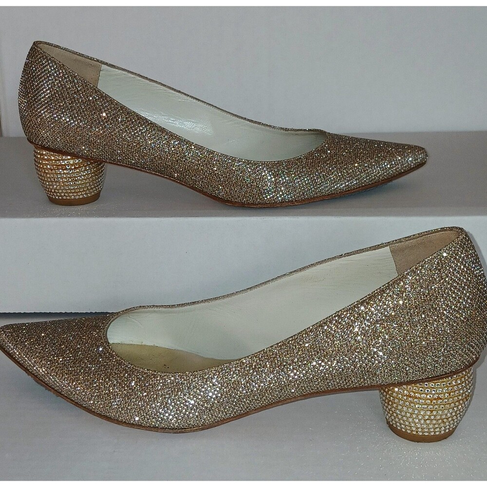 Stuart Weitzman Sparkly Gold Pumps Crystal Heel Pointed Toe Sz 6
